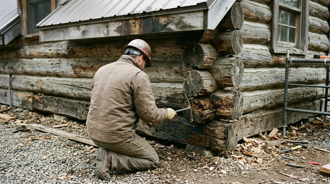 Probing for soft wood, checking log ends, sill logs and any area below a roofline that dumps water — Knoxville, TN