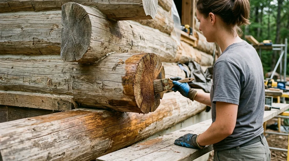 Log ends, sill logs and horizontal surfaces get extra attention because they are where water sits — Knoxville, TN
