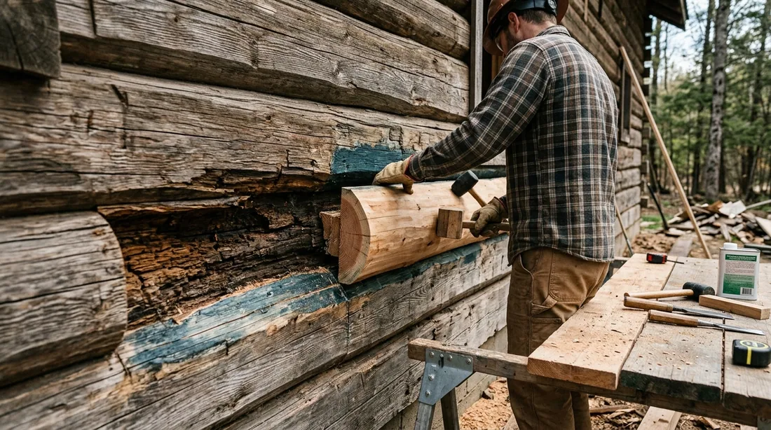Rotted sections are cut out and repaired with borate treatment, half-log replacement, or Dutchman — Knoxville, TN