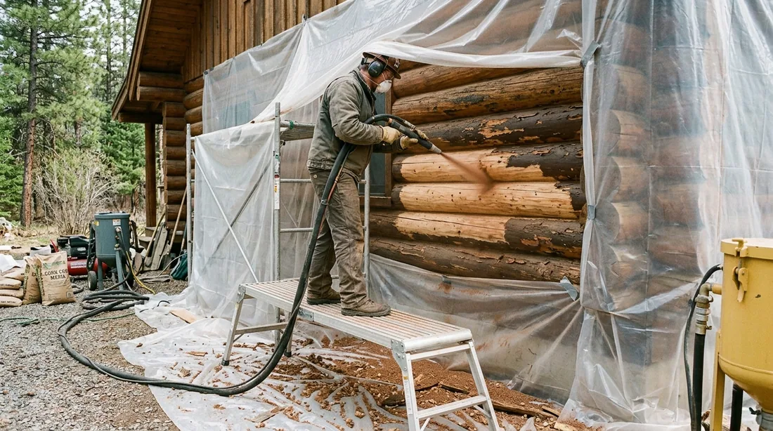 Old failed finish is removed with corn cob, crushed glass or similar media, which cleans the wood — Knoxville, TN