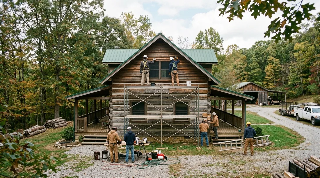 A small professional crew working on a log home restoration job at a property, seen from behind and — Knoxville, TN